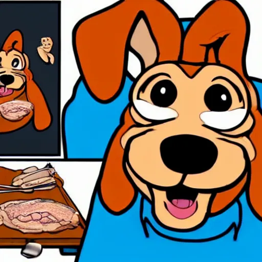 Image similar to dog with buck teeth eating pork chops, looney toon style