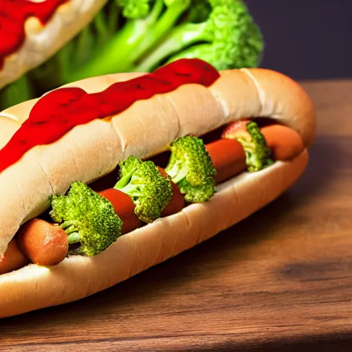 Image similar to promotional photo of a delicious hot dog with broccoli, mustard, ketchup and baked beans, detailed, uhd, 8k, award winning,