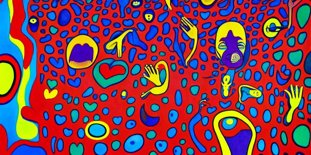 Prompt: a man being overcome by love, psychedelic dripping colors, detailed painting by painting by man ray and pablo amaringo david normal alex grey yayoi kusama