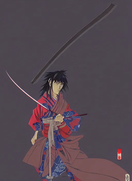 Image similar to scene from anime ninja scroll, tall samurai with long katana sword, back to the camera, masterpiece, intricate, highly detailed, artstation, concept art, mutud colors, soft lights, foggy, by yoshiaki kawajiri, by yousuke kabashima, by toshiyuki inoue, by atsushi takeuchi