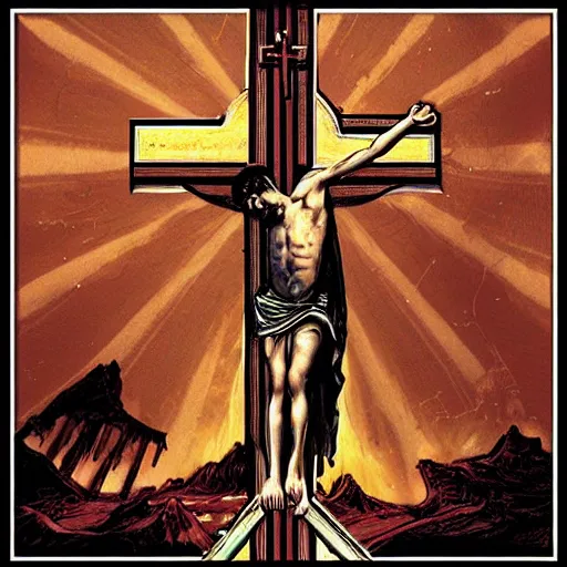 Prompt: jesus on the cross death metal cover
