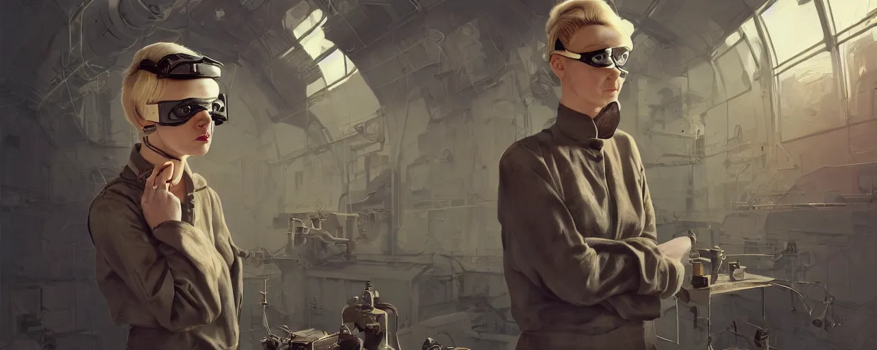 Image similar to illustration 3 / 4 portrait of stoic heroic emotionless butch blonde woman engineer with short slicked - back hair, wearing victorian goggles, no makeup, awkward and uncomfortable and anxious, dirty, dynamic composition by sergey kolesov. industrial space program, scifi, hyper detailed. octane render. concept art. trending on artstation