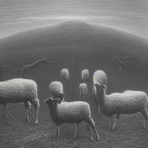 Image similar to dead sheeps in a farm nuclear winter by zdzisław beksinski