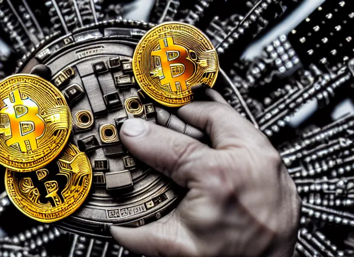 Image similar to mechanical cybernetic hand holding a pile of bitcoins. centered. horror cyberpunk. highly detailed 8 k. intricate. nikon d 8 5 0 3 5 mm. award winning photography.