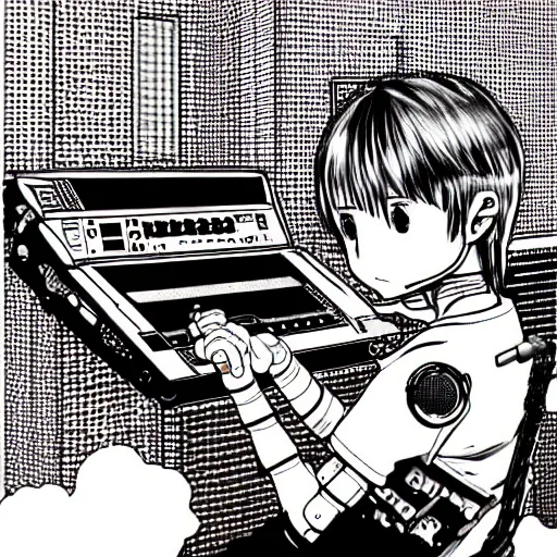 Prompt: hyper-detailed, intricate, manga illustration of a cyborg child with an exposed robotic brain, smoking a cigarette operating a music studio mixing console, cyberpunk