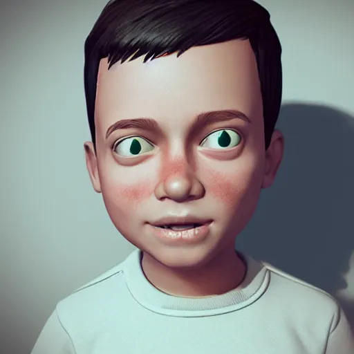 Prompt: cell shaded render of a little boy with a giant head, octane render, cinema 4 d, award winning, beautiful aesthetic design, unreal engine 5, ultra detailed