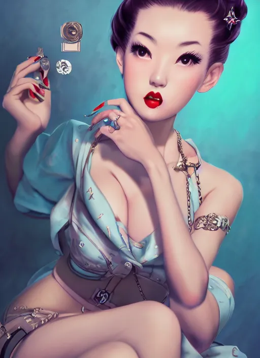 Image similar to a pin up and beautiful fashion dreamlke japan girl with lv jewelry, character art, art by artgerm, wlop, loish, hyperdetailed, 8 k realistic, symmetrical, global illumination, radiant light, frostbite 3 engine, cryengine, dof, trending on artstation, digital art, chanel, dior, detailed background