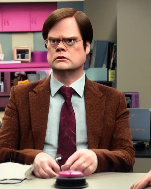 Image similar to a still if dwight schrute with brown suit as a muppet in the office. highly detailed felt. hyper real photo. 4 k.