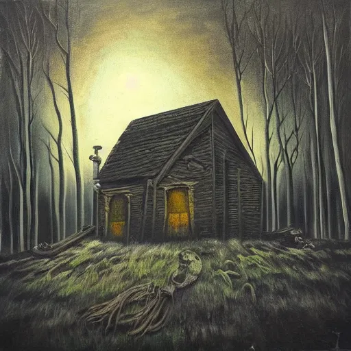 Image similar to a painting of a Eerie cabin in the middle of the woods in the style of a death metal album cover