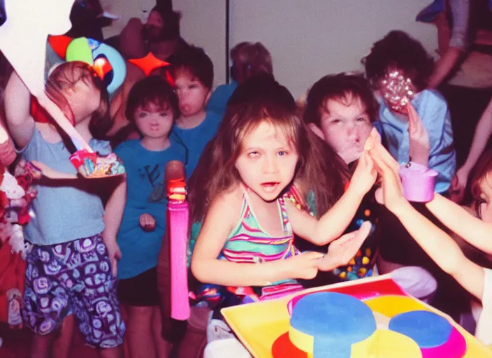 Prompt: 1990s kids birthday party, finger partially over the lens, Kodak Color Plus 35mm Film