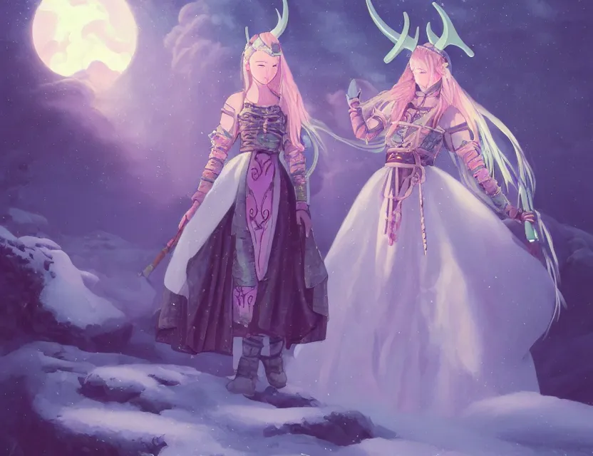 Prompt: viking scifi princess of the snowy mountains, wearing a lovely dress with vaporwave details. this oil painting by the award - winning mangaka has an interesting color scheme and impeccable lighting.