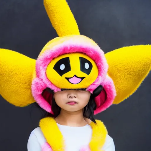 Image similar to upper half portrait, of a anthropomorphic asian girl wearing a pikatchu costume, far shot, 5 feet away