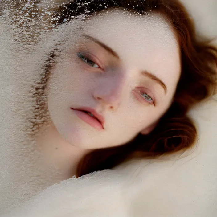 Image similar to Kodak Portra 400, 8K,ARTSTATION, CarolineGariba, soft light, volumetric lighting, highly detailed, britt marling style 3/4 ,portrait photo Close-up portrait photography of a beautiful woman how pre-Raphaelites, the face emerges from Pamukkale, thermal waters flowing down white travertine terraces, inspired by Ophelia paint ,and hair are intricate with highly detailed realistic beautiful flowers , Realistic, Refined, Highly Detailed, interstellar outdoor soft pastel lighting colors scheme, outdoor fine art photography, Hyper realistic, photo realistic