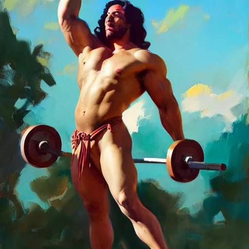 Image similar to greg manchess portrait of himera man and hibiscus as roided thick muscular weightlifter fantasy medium shot, asymmetrical, profile picture, organic painting, sunny day, matte painting, bold shapes, hard edges, street art, trending on artstation, by huang guangjian and gil elvgren and sachin teng