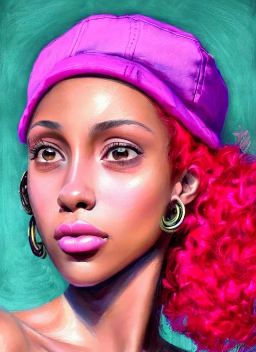 Image similar to portrait of teenage vanessa morgan with bright pink hair, black girl, vanessa morgan, curly pixie cut hair, wearing newsboy cap, newsboy cap, hoop earrings, intricate, elegant, glowing lights, highly detailed, digital painting, artstation, concept art, smooth, sharp focus, illustration, art by wlop, mars ravelo and greg rutkowski