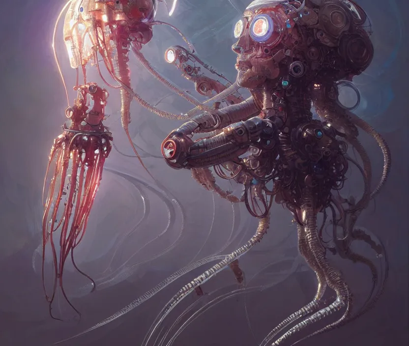 Image similar to Cyborg biomechanical jellyfish, sci-fi, highly detailed, digital painting, artstation, concept art, smooth, sharp focus, illustration, art by artgerm and greg rutkowski and alphonse mucha