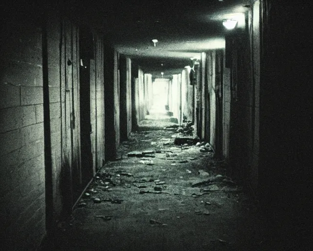 Prompt: dark abandoned hallway at night, a glimspe of something sinister, letterboxing, widescreen, 40mm tape, technicolour film, grainy, horror