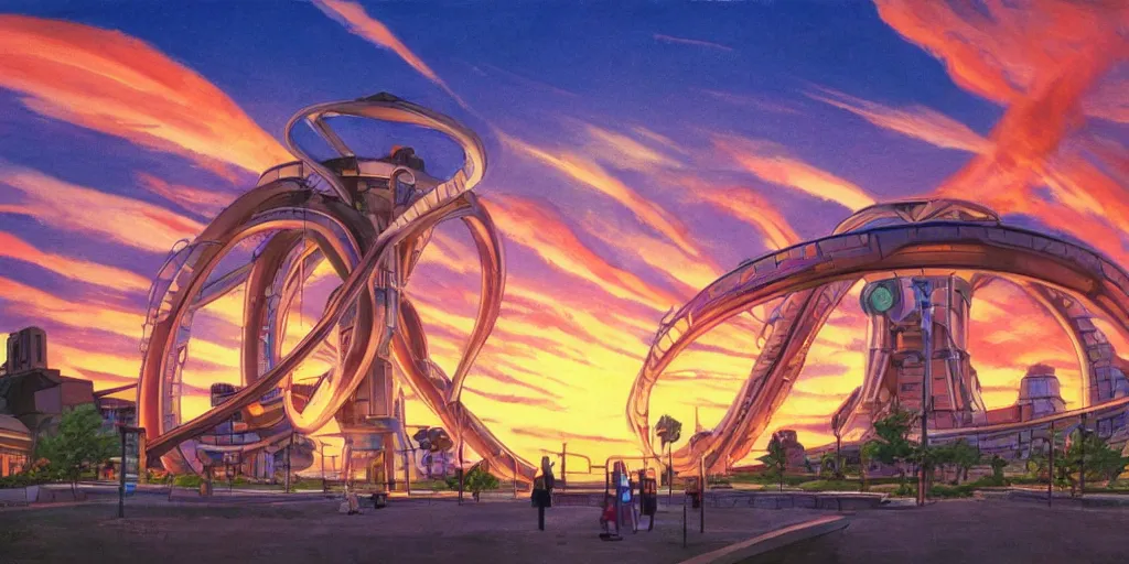 Prompt: fusion reactor helix, wonderous and magical, in an urban setting, sunset, by Studio Ghibli and Edward Hopper