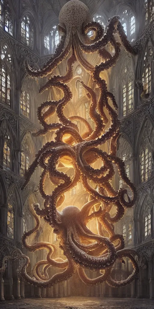 Image similar to group of mankind species mages with enormous translucent octopus heads floating around inside an ancient mage castle hall colossal scale, gothic and baroque, brutalist architecture, ultradetailed, intricate details by Ellen Jewett and Josan Gonzalez and Giuseppe Arcimboldo