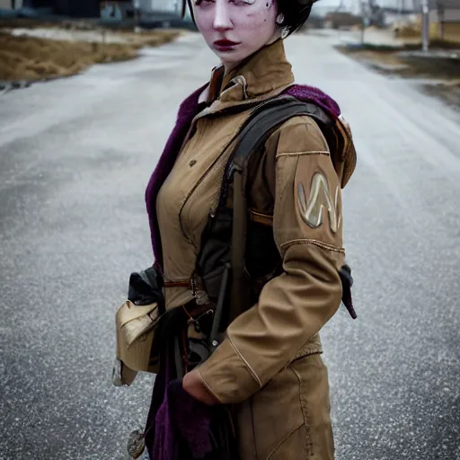 Image similar to Beautiful elegant female with smudged face, cosplaying as the Fallout 4 sole survivor, photographed on a slight overcast day on dilapitated street on Ikeshima island, Nikon D7100 with a Nikon 50mm F1.8, a Nikon 85mm F1.8, Golden hour, expressive face,