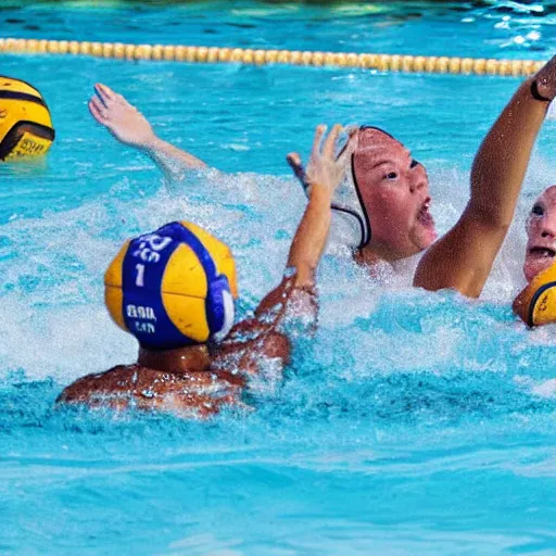 Image similar to hippopotamuses playing water polo against people. water polo photograph.