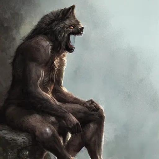 Image similar to Portrait of a rugged werewolf sitting down, male, muscular, detailed face, bare thighs!!!, simple clothing!!!!!, fantasy, medieval, highly detailed, cinematic lighting, digital art painting by greg rutkowski