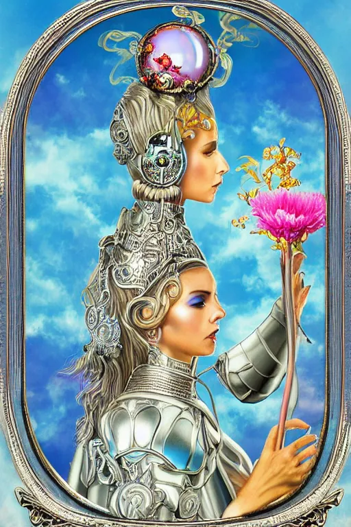 Image similar to opalescent retrofuturistic digital airbrush illustration of a knight wearing an ornate chrome headpiece and holding a flower with a landscape and sky in the background by luigi patrignani