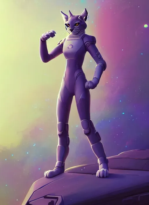 Prompt: wide angle beautiful full body portrait of a strong female anthropomorphic anthro lynx fursona wearing a futuristic space suit, paw pads instead of feet, character design by alena aenami, disney, anime, manga, charlie bowater, ross tran, artgerm, and makoto shinkai, furaffinity, detailed, soft lighting, rendered in octane