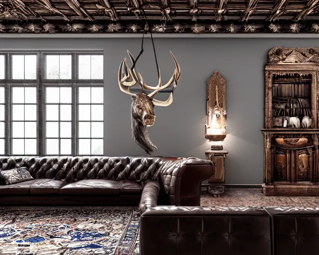Image similar to ultra wide - angle photography of rich man's house, leather sofa, antler chandelir, hunting trophies, unreal engine, darkslategray wall, ultra details, luxury, interior design, 8 k