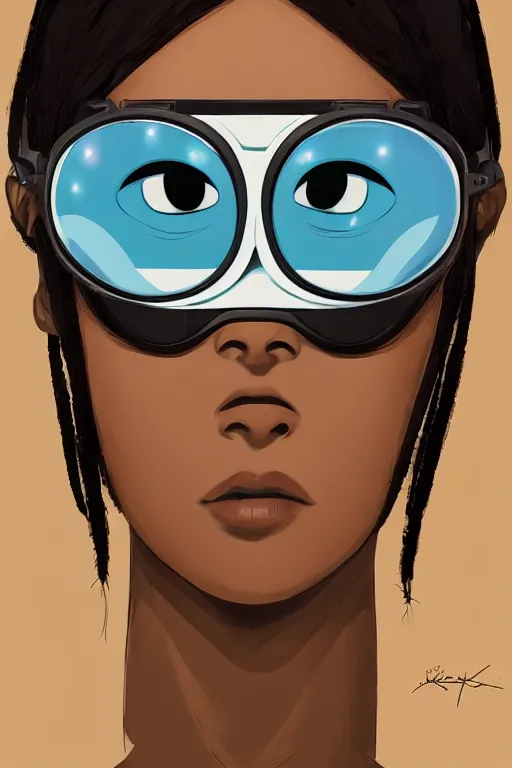 Prompt: face of a beautiful girl wearing goggles, brown skin, symmetrical, ilya kuvshinov, jamie hewlett, yoji shinkawa, muted colors, portrait, beautiful detailed illustration, 17th century oil painting, flat colors, studio ghibli, cel shading, loish, pop art,