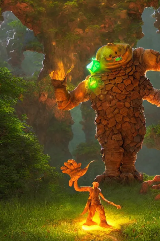 Image similar to arcane fantasy art giant golem elemental wood rock bastion forged gemstone enchanted forest troll, global illumination ray tracing hdr fanart arstation by sung choi and eric pfeiffer and gabriel garza and casper konefal lisa frank zbrush central hardmesh radiating a glowing aura