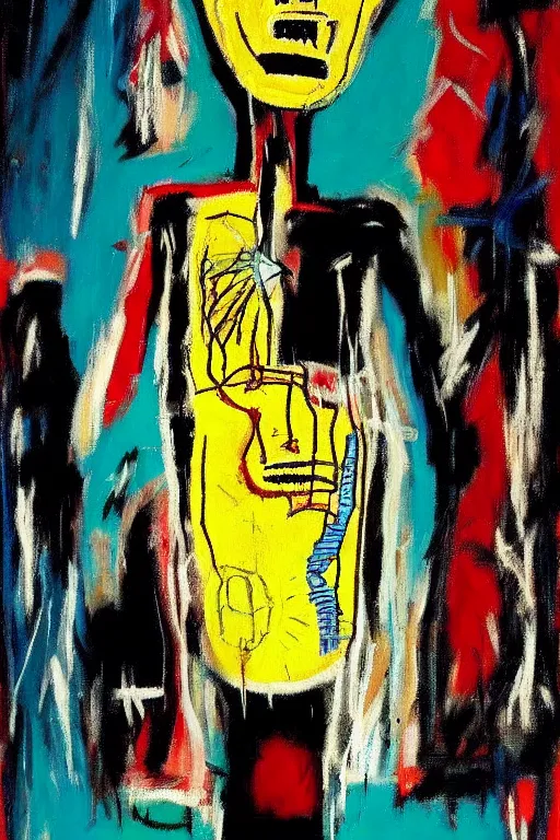 Image similar to a woman inside of an empty light bulb. the woman has wings. by basquiat