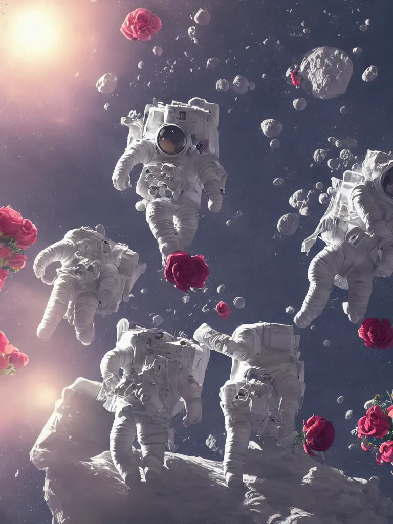 Prompt: astronauts, moon, roses, cg, ultra hd, highly detailed by shinkai makoto