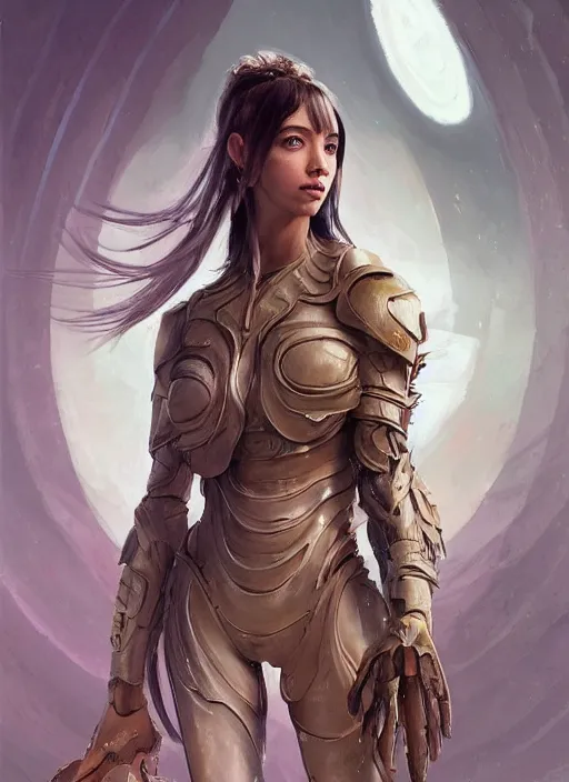 Image similar to a professional painting of a beautiful young female alien, clothed in ethereal armor, olive skin, long dark hair, beautiful bone structure, symmetrical facial features, intricate, elegant, digital painting, concept art, smooth, sharp focus, illustration, from Valerian and the City of a Thousand Planets, by Ruan Jia and Mandy Jurgens and Artgerm and William-Adolphe Bouguerea