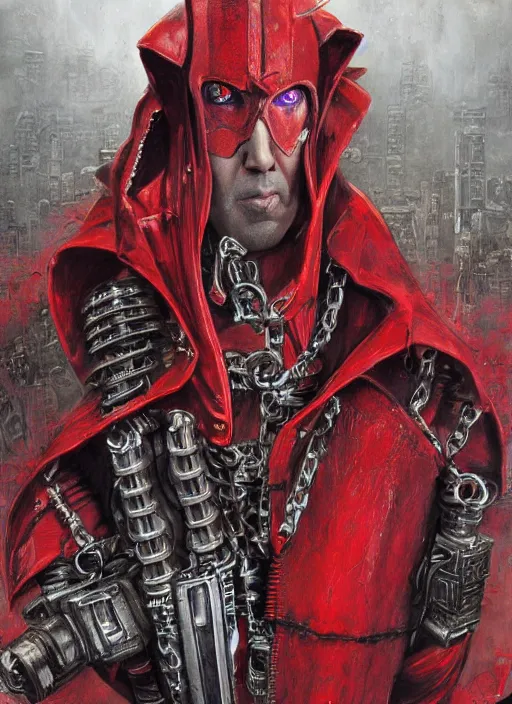 Image similar to portrait of rotten Nicolas Cage as adeptus mechanicus in red hood and robe from Warhammer 40000. Highly detailed, artstation, illustration by and John Blanche and zdislav beksinski and wayne barlowe