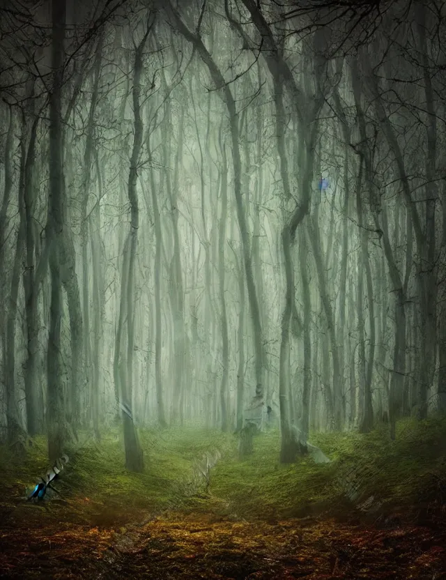 Image similar to mysterious fairy landscape of a mushroom kingdom in the middle of the foggy forest, ornate, misty, dark fantasy, intricate, ring light, baroque elements, van gogh art styles