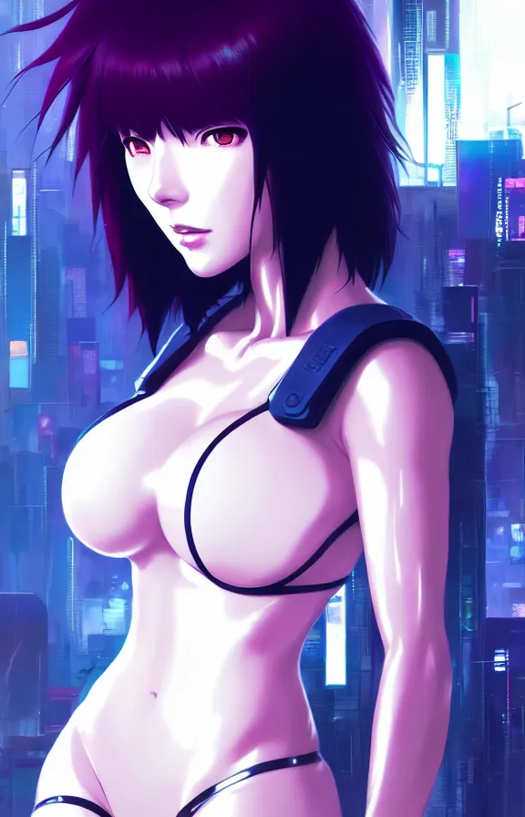 Prompt: a still fullbody portrait of motoko kusanagi ghost in the shell, finely detailed features, closeup at the faces, perfect art, at a cyberpunk city, gapmoe yandere grimdark, trending on pixiv fanbox, by ilya kuvshinov, rossdraws, artgerm