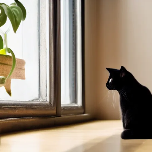 Image similar to peaceful dreamy painting of a content black cat sitting by a window, sunshine coming through the window, small plants on the window sill, 4k resolution, highly detailed, ultra realism