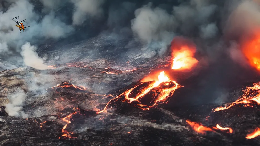 Image similar to person wearing a sponsored team jersey with logos jumping out of a helicopter with a surfboard into a volcano, action shot, dystopian, thick black smoke and fire, sharp focus