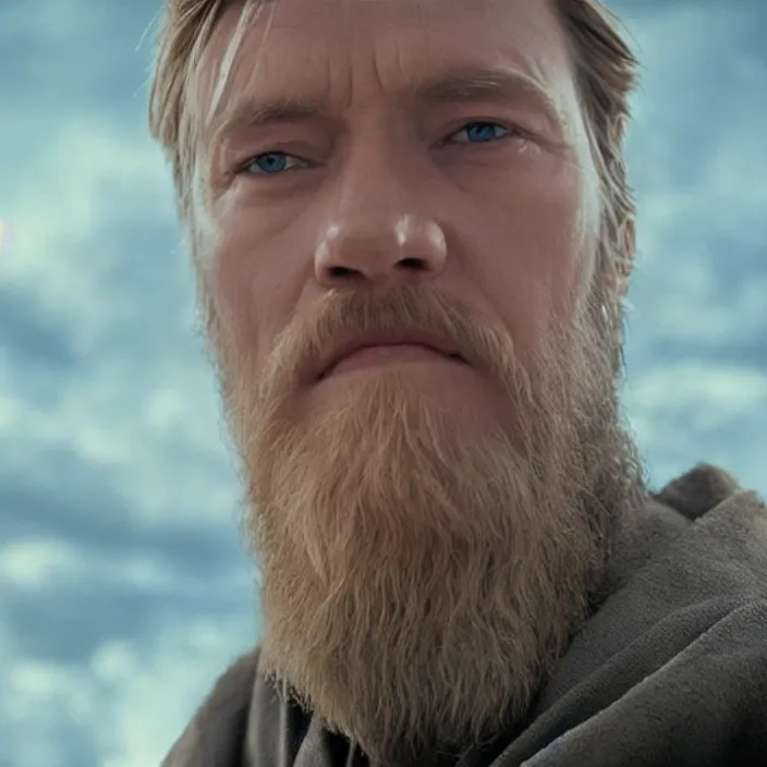 Image similar to obi wan kenobi shaves half his face, photoralistic rendering, movie still, screenshot, hyperdetailed