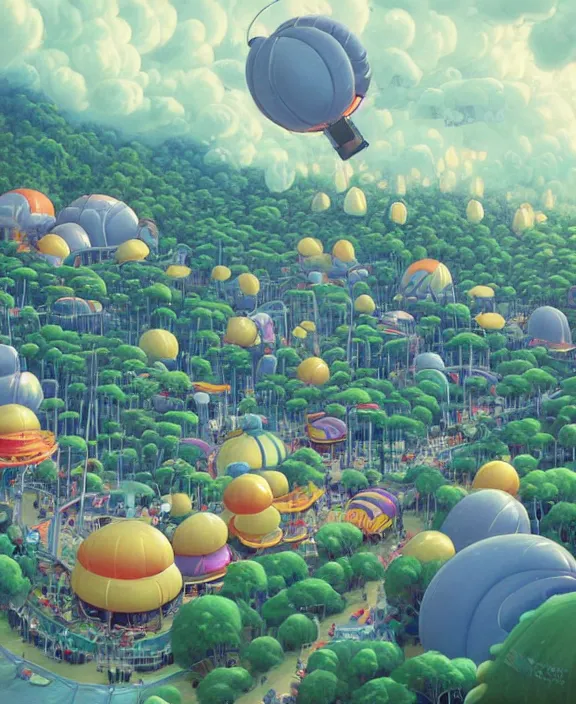 Image similar to a puffy inflated amusement park made out of fat seamless alien creatures, in the style of an aerodynamic obese robot, overgrown with thick orchids, partly cloudy, moody, dramatic lighting, by dan mumford, yusuke murata, makoto shinkai, ross tran, cinematic, unreal engine, cel shaded, featured on artstation, pixiv