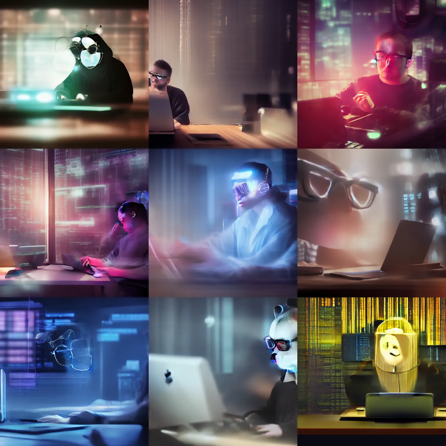 Prompt: a panda programmer wearing metal frame glasses is coding in front of the computer, foggy, Cyberpunk, neon light, 4k, hd, highly detailed