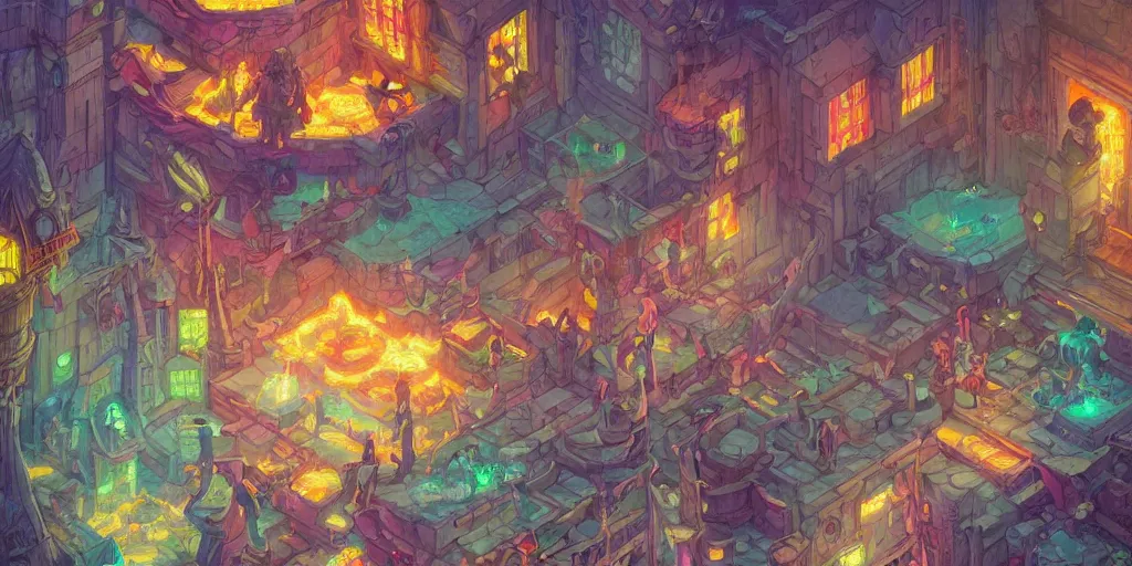 Image similar to isometric room of a room filled with white lava, house in the rock, colorful dream, glowing lights, epic fantasy, colorfully, detailed illustration, digital art, highly saturated colors, overdetailed art, concept art, detailed illustration, hd, 4 k, digital art, greg rutkowski, dan mumford, studio ghibli trending on artstation