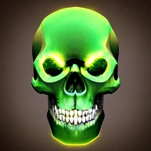 Prompt: “ artstation high detail horrifying green skull floating over golden cubes 4 k realistic ”