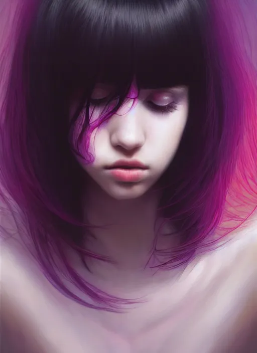 Prompt: hair whitebangs hair, black hair, portrait of teenage girl with white bangs, whitebangsblackhair, messy bangs, curly bangs, whitebangs, red irises, purple clothes, intricate, elegant, glowing lights, highly detailed, digital painting, artstation, concept art, sharp focus, illustration, art by wlop, mars ravelo and greg rutkowski