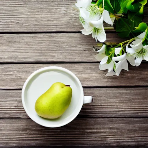 Image similar to ceramic mug surrounded by white flowers, green leaves, and pears, soft zen minimalist, white background, bright, crisp