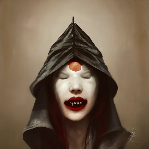 Prompt: a vampire showing her fangs, wearing a conical dunce cap and covering her eyes, ultra high detailed, oil painting, greg rutkowski, charlie bowater, yuumei, yanjun cheng, unreal 5, daz, hyperrealistic, octane render, rpg portrait, dynamic lighting