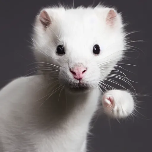 Prompt: singular animal that is white cat cross white rabbit cross white ferret, studio photography