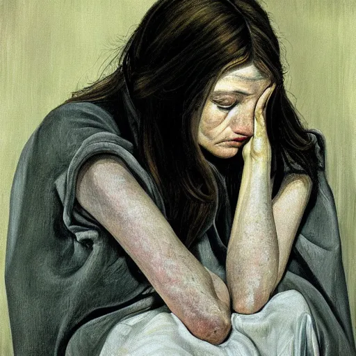 Image similar to high quality high detail painting by lucian freud, hd, portrait of a weeping goth girl, photorealistic lighting