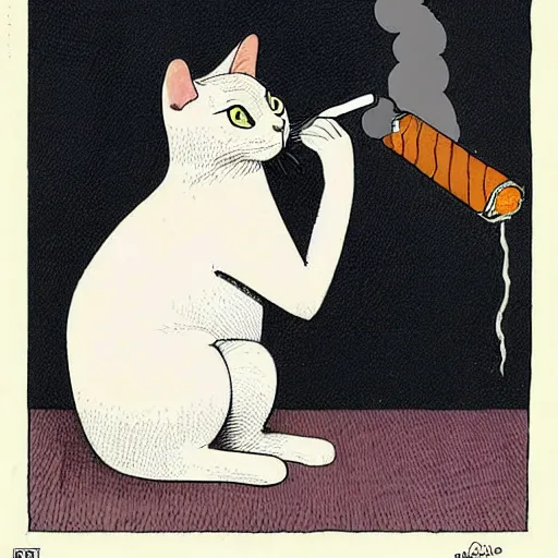 Image similar to a cat smoking a cigar, by moebius